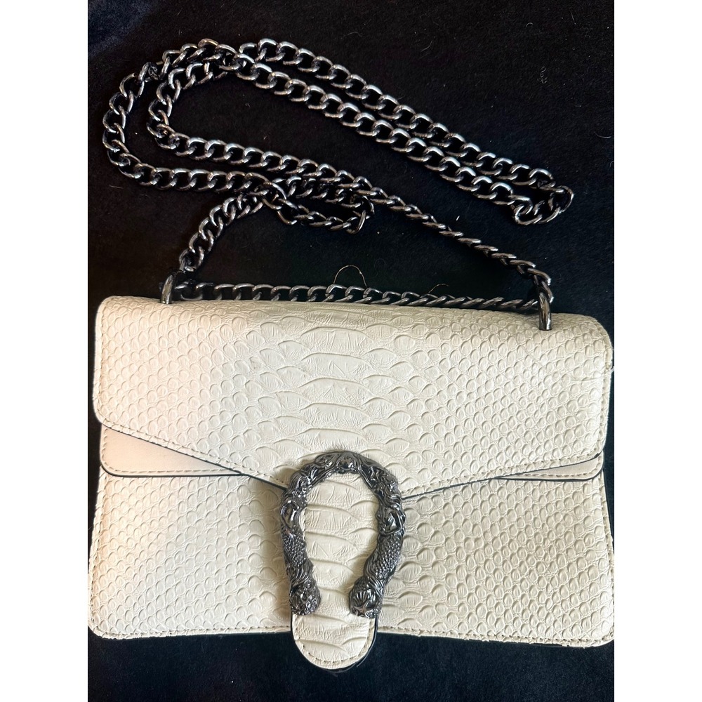 Deep Meow Cream Mermaid Buckle Chain Crossbody Bag Gunmetal Hardware Vegn